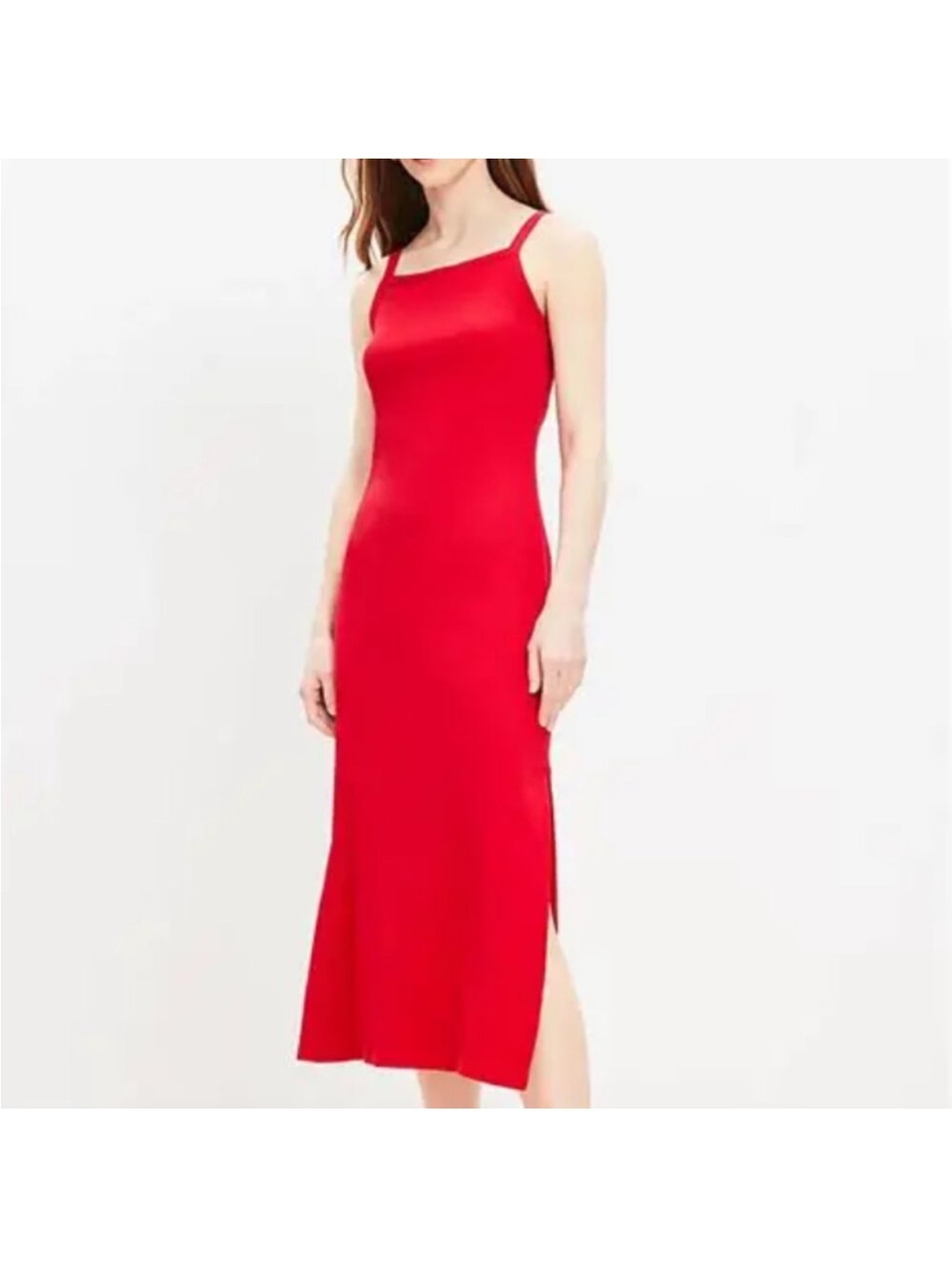 LOFT casual Ribbed Red Maxi Dress Slit Built in Bra